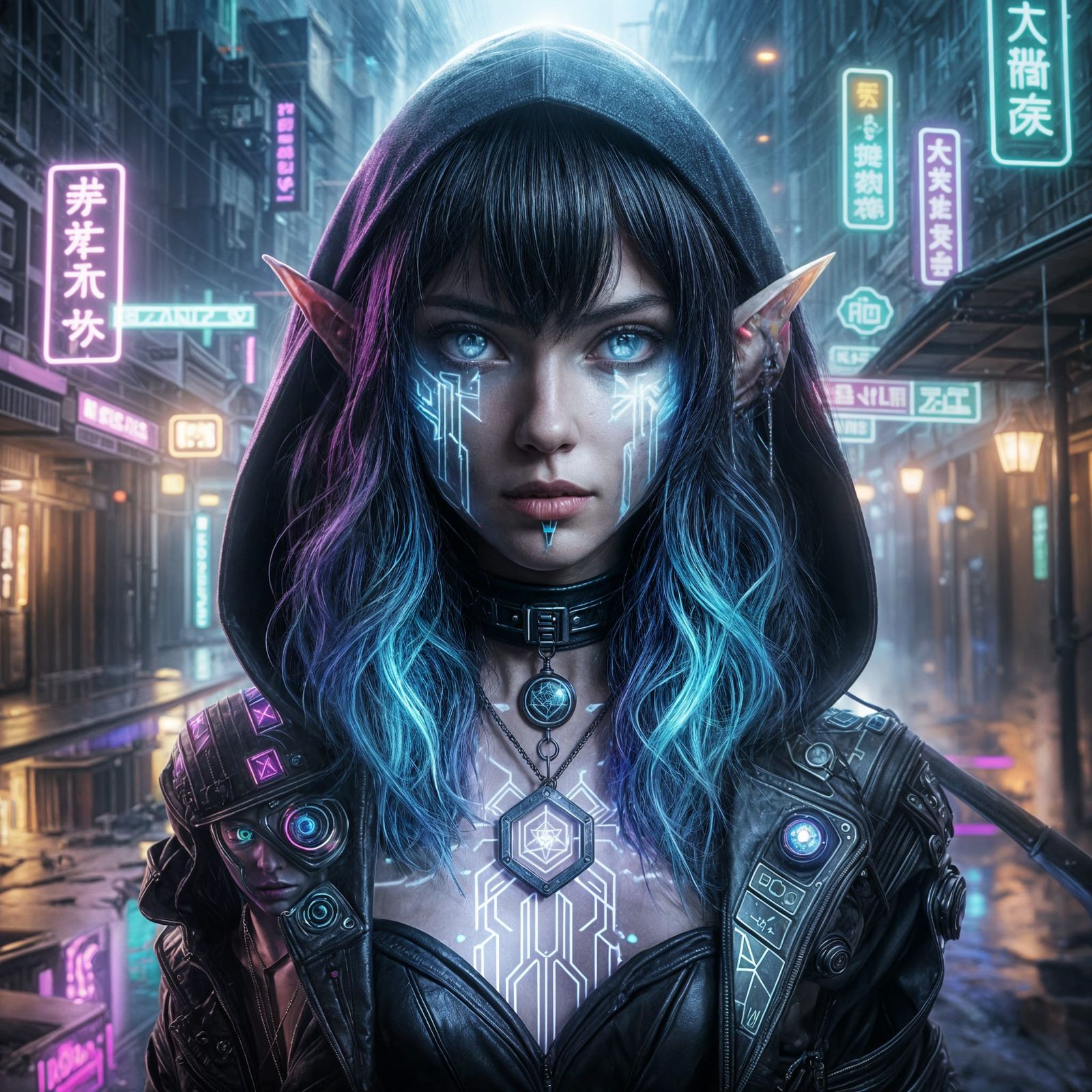 Cyberpunk Elf Technomancer in Neon New Orleans