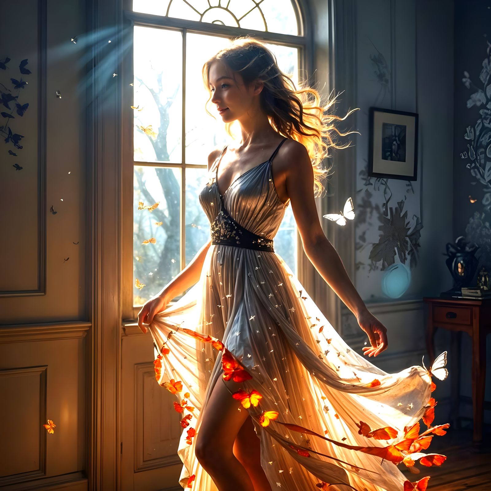 Mysterious Victorian Woman in a Whimsical Butterfly Dress