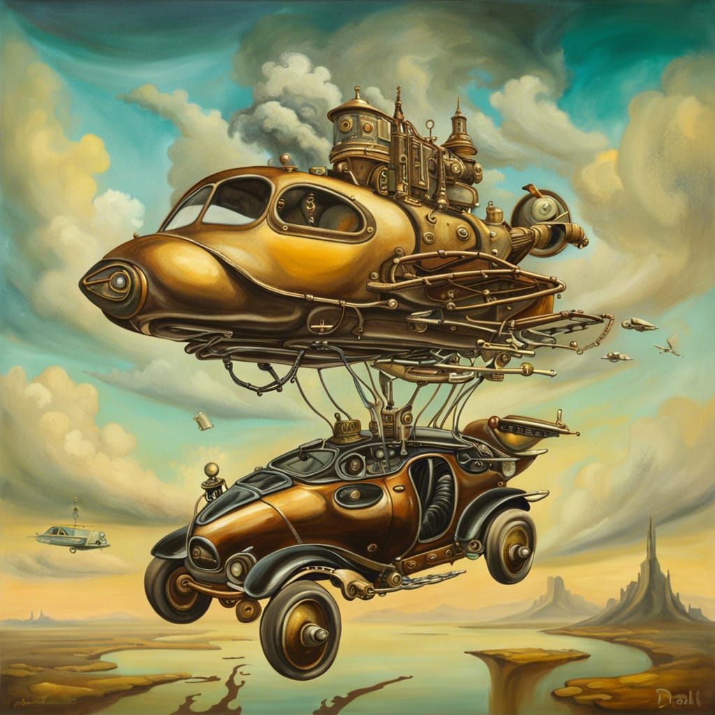 Steampunk Flying Car in Surrealist Style