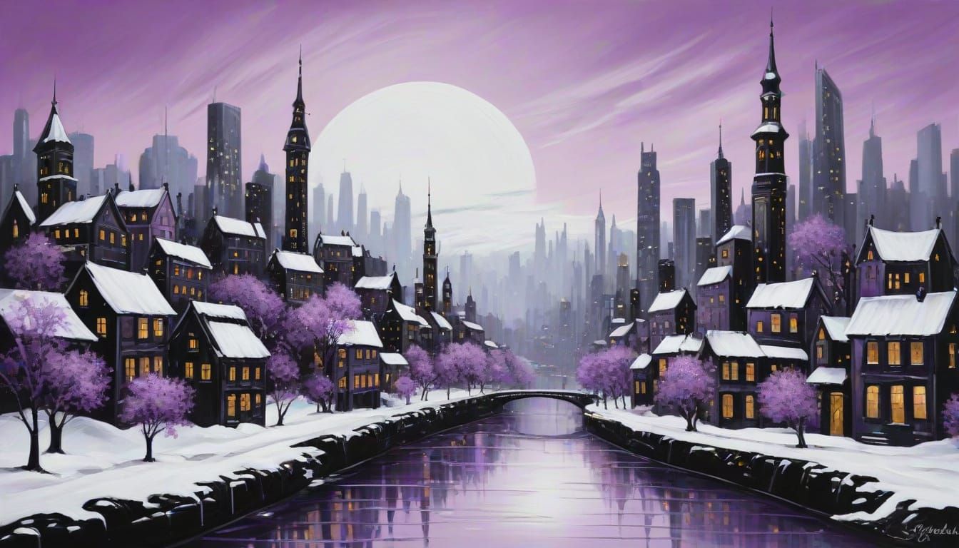 Fuzzy Satin Ebony Winter Cityscape Clockpunk Painting