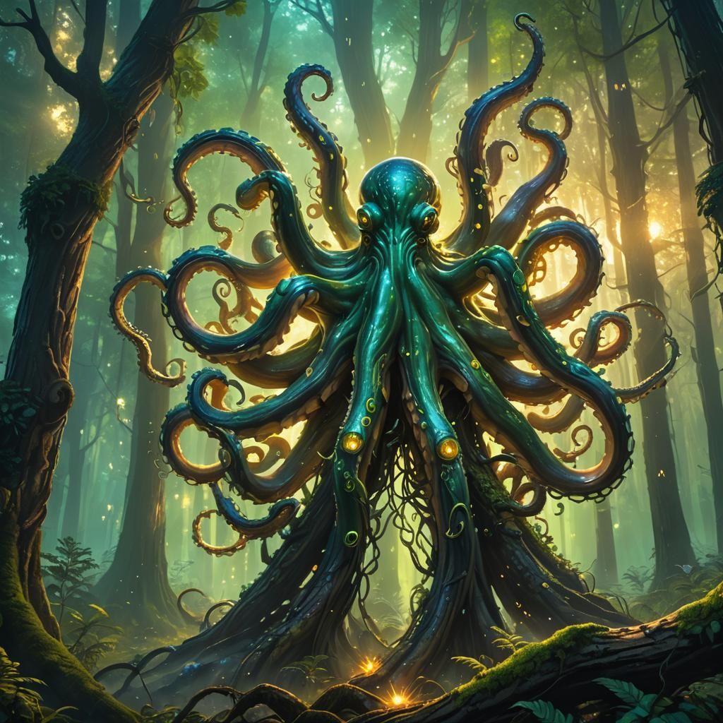 Metallic Octopus God Rises in Glowing Forest