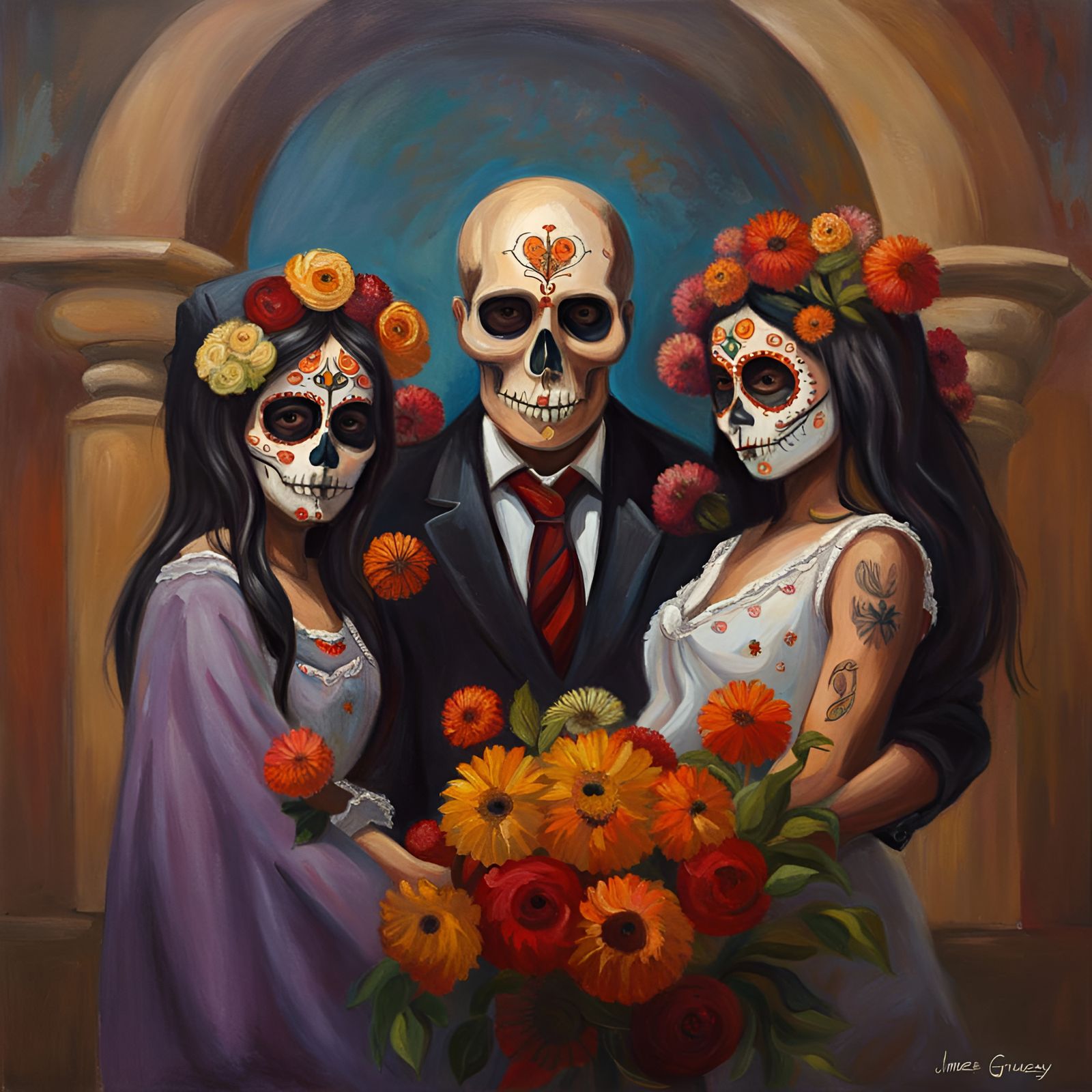Family Celebrates Dia de los Muertos as Oil Painting