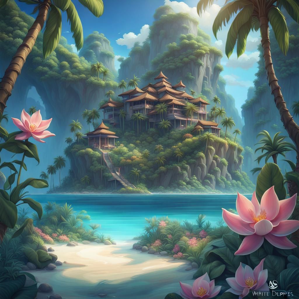 Tropical Island Paradise, Vibrant Pastel Art