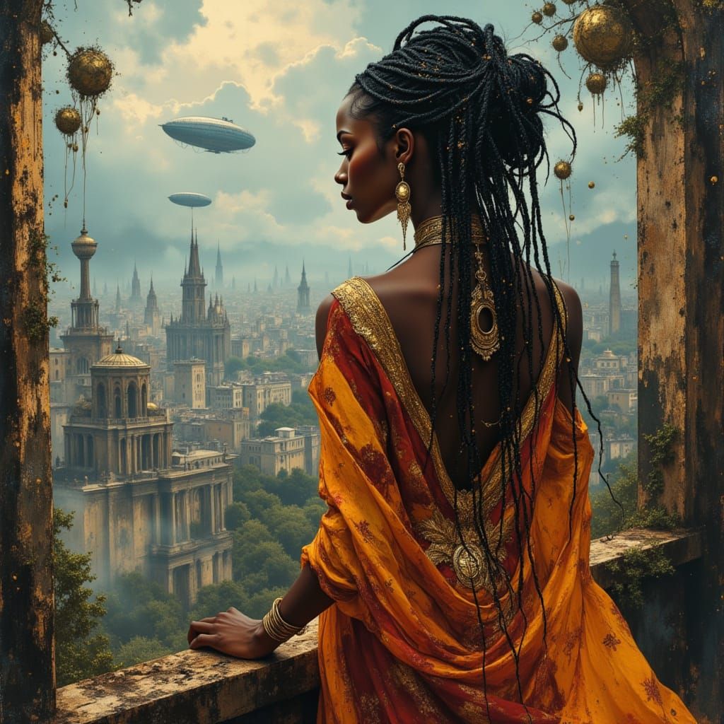 African Queen Overlooks Steampunk Cityscape in Oil Painting ...