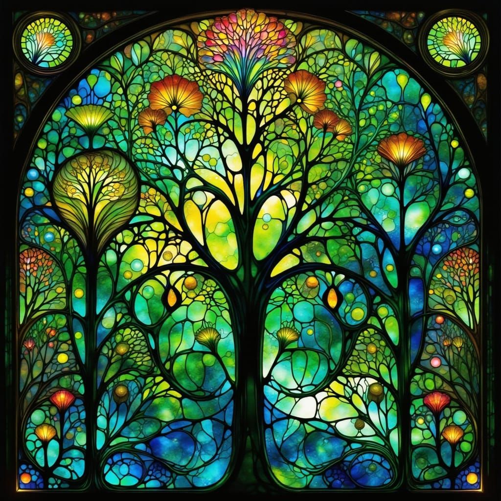 Art Nouveau Stained Glass Emerald Botanical Design