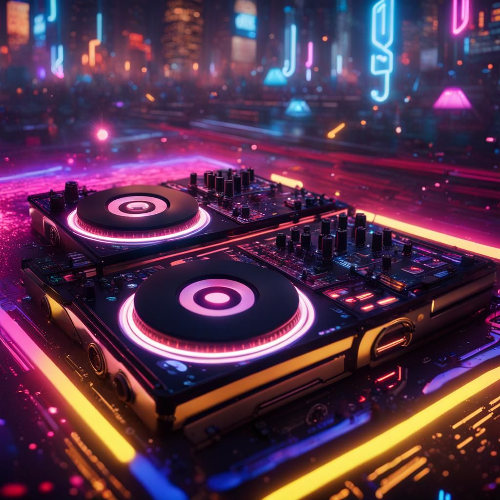 Neon City DJ Equipment in Hyperrealistic Style