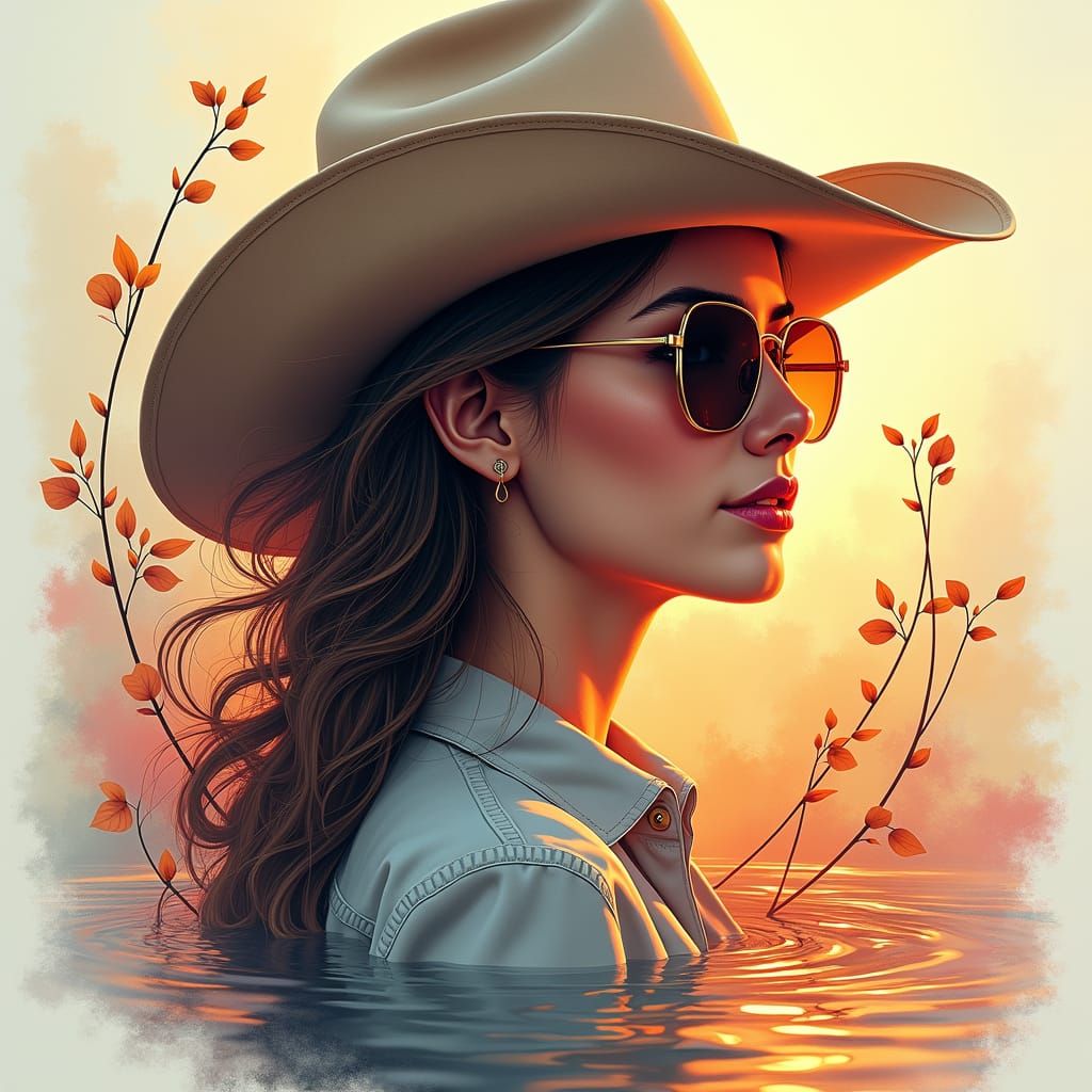 Smoky Line Art of Woman in Cowboy Hat