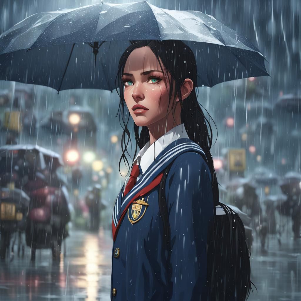 Anime Style Megan Fox in Rain, 3D Art