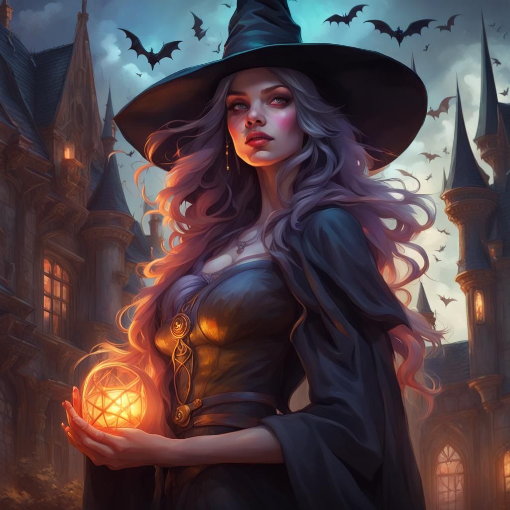 A lovely witch and bats