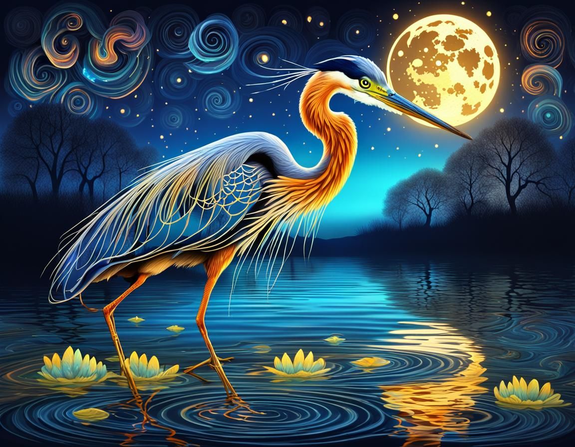Colorful Heron Reflection Under Bioluminescent Moonlit Sky