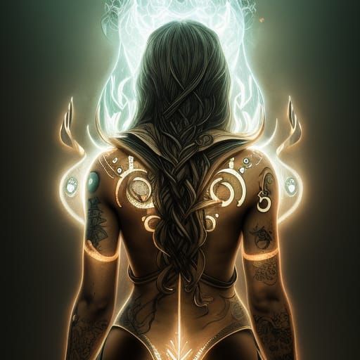 Woman with Glowing Runic Tattoos: Ink Brush Drawing