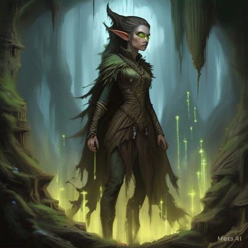 Dark Elf Druidess Illuminated by Bioluminescent Fungi in For...
