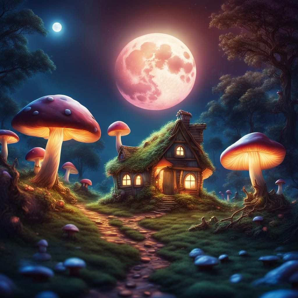 Magical Fairy Forest with Mushroom Houses in Fantasy Art
