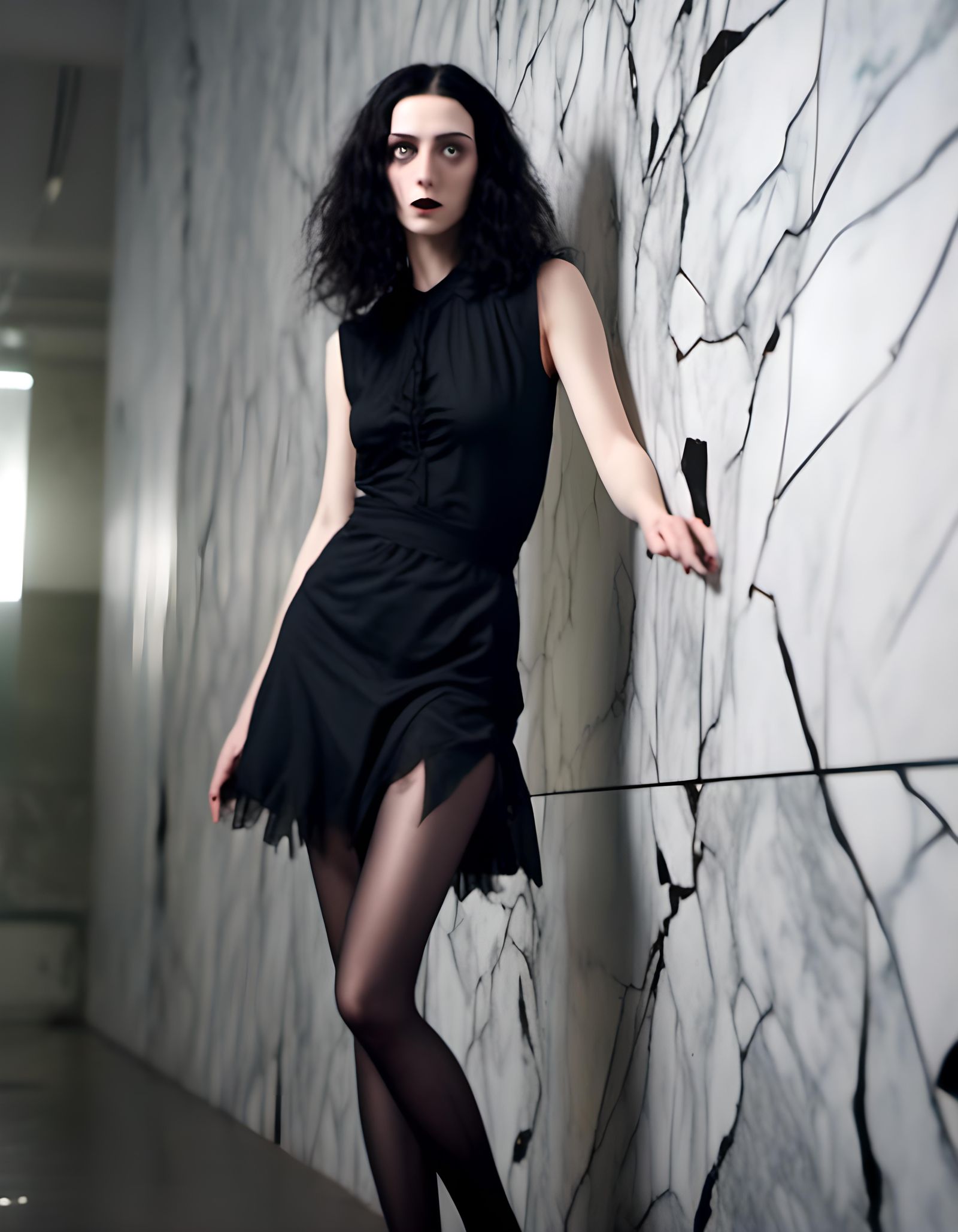Woman in Black Dress Poses near Marble Wall