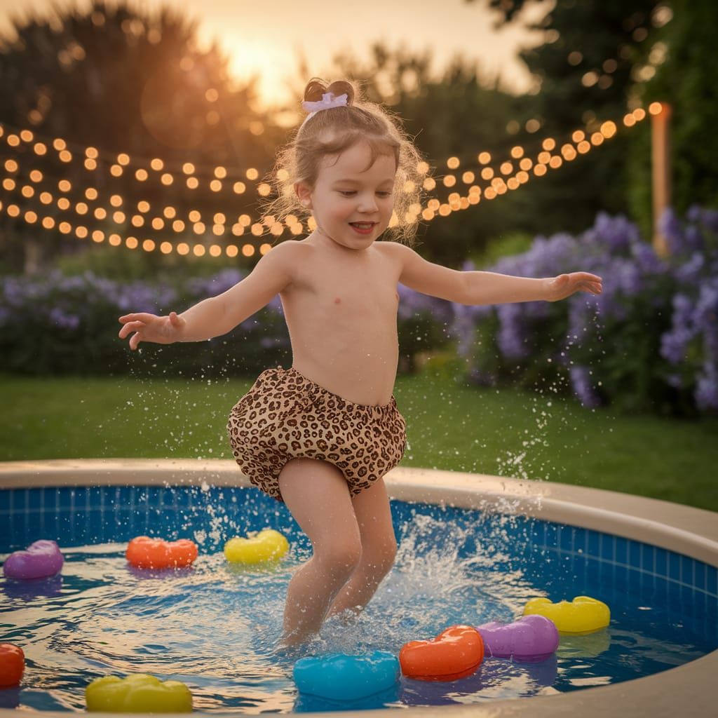 Young Girl Plays in Colorful Pool Under Sunset