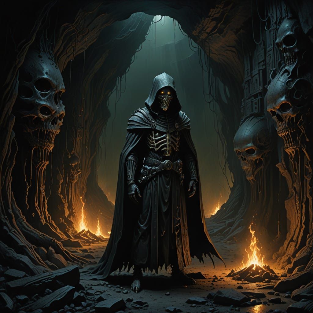 Ominous Biomechanical Creature in Dark Cave