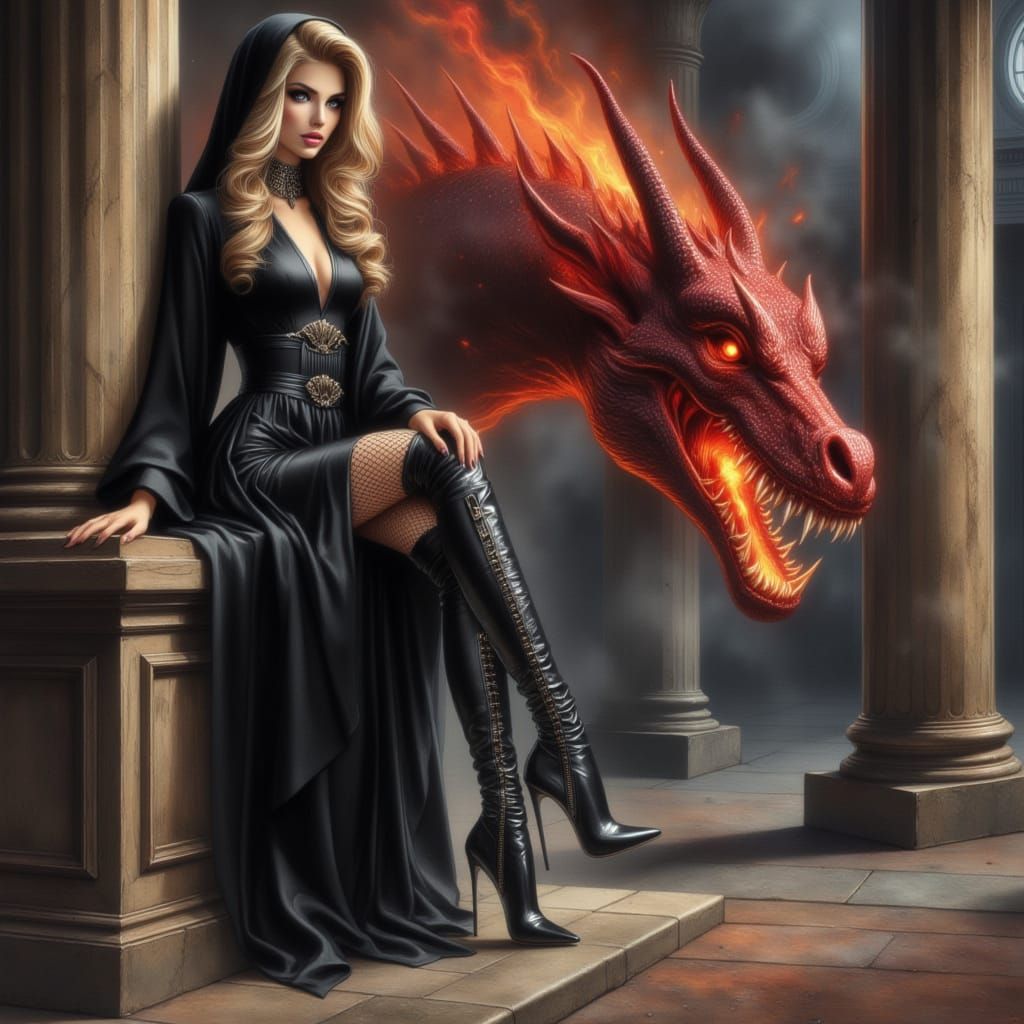 Nun in Hellish Church with Dragon, Dark Fantasy Art