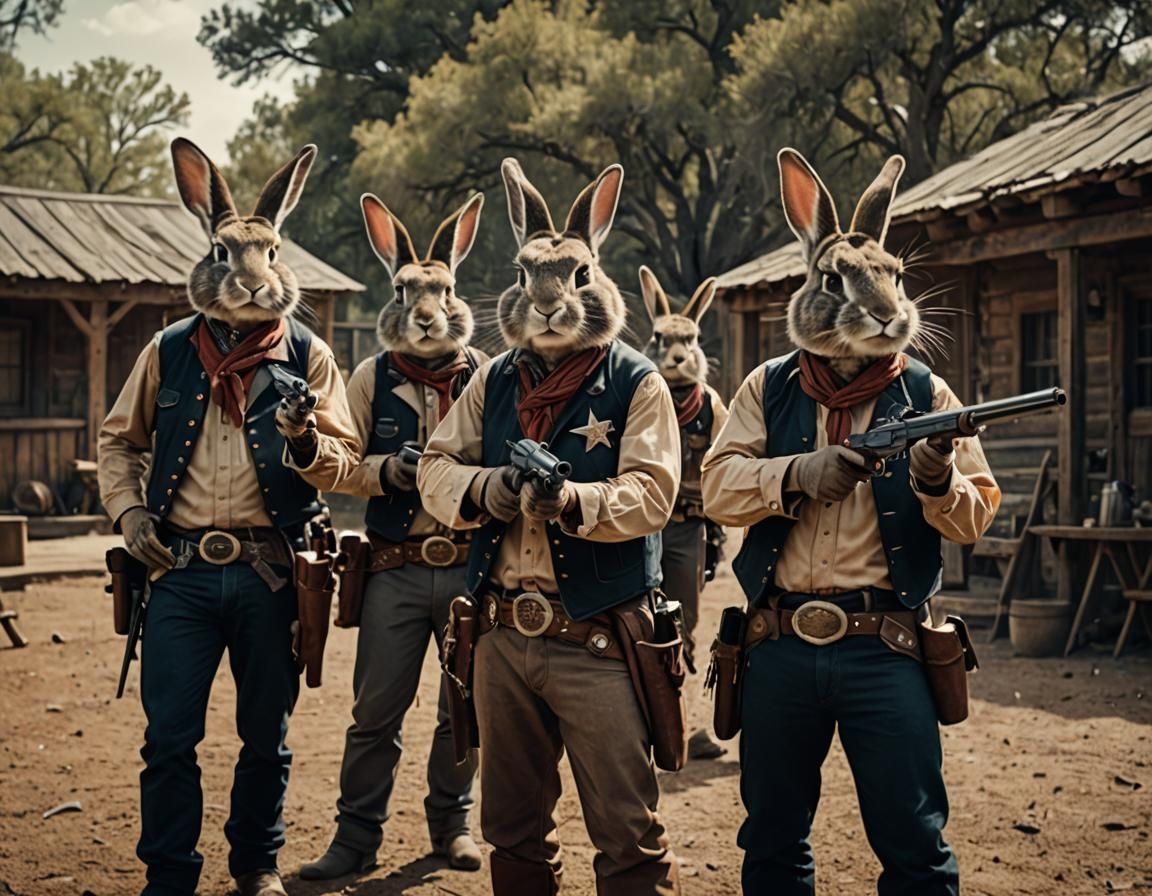 Cowboy Rabbits Posse in Cinematic Film Still
