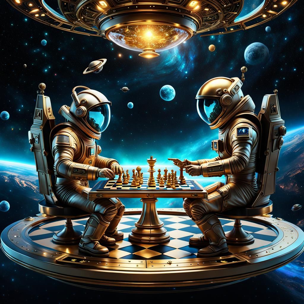 Astronaut and Alien Play Chess in Zero Gravity