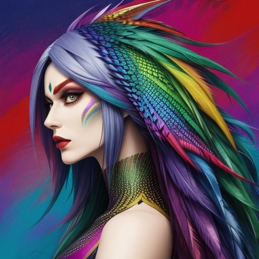 Woman with Rainbow Dragon Scales in Abstract Art