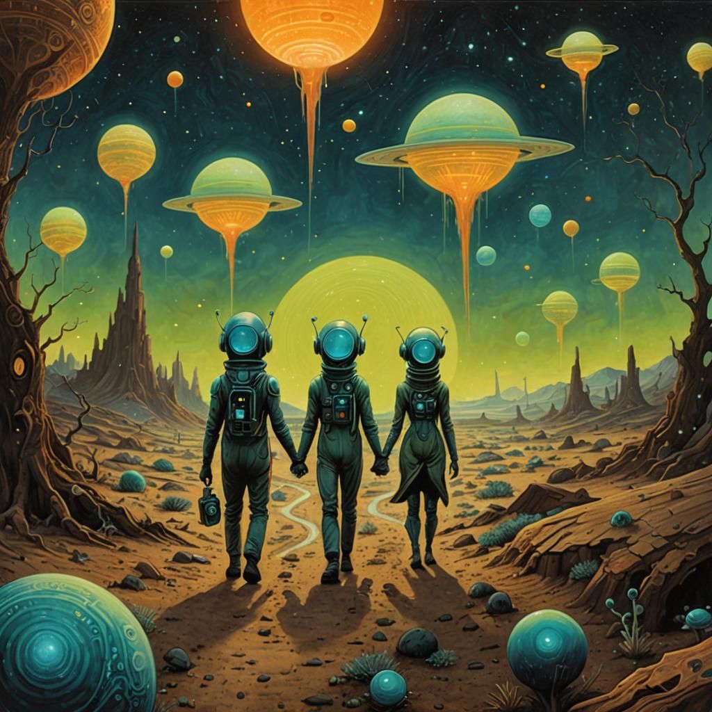 Bioluminescent Alien Couple on Exoplanet Path