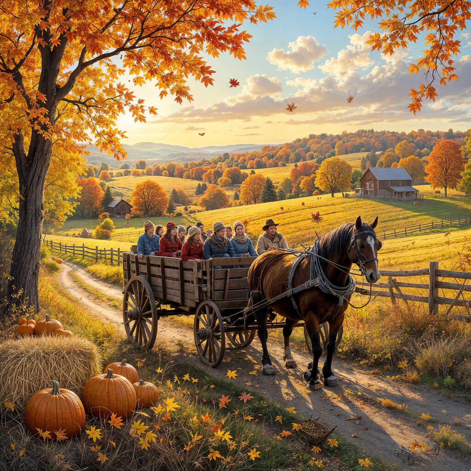 Vibrant Pennsylvania Autumn Hayride in Realistic Painting St...