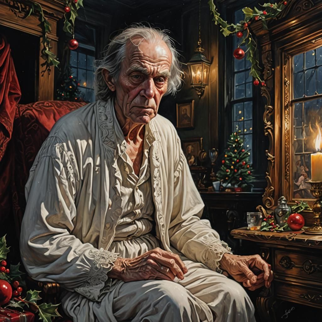 Ghost Visits Scrooge: Victorian Oil Painting