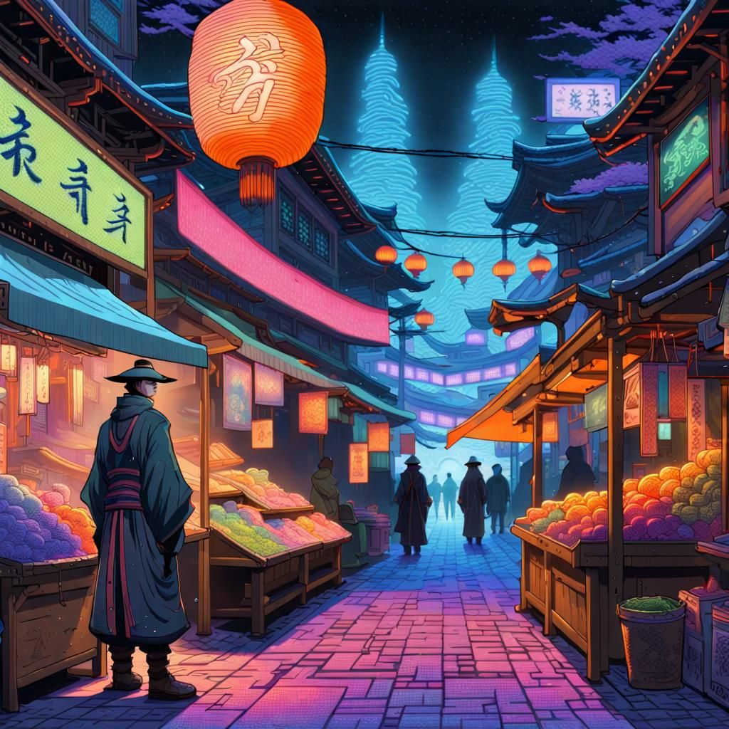 Eldritch Trader in Ukiyo-e Neon Alleyway