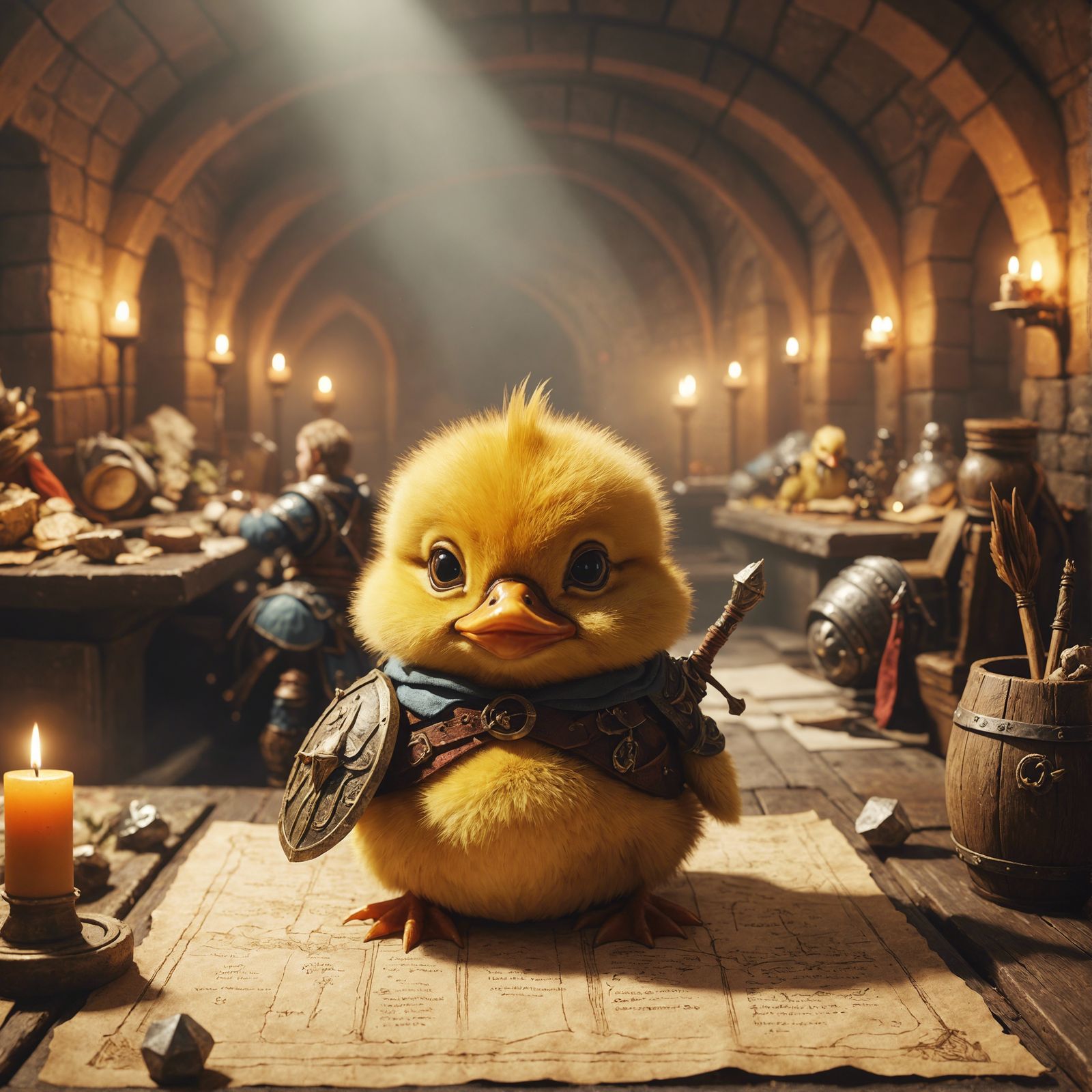 Grumpy Duckling Warrior in a Medieval Tavern