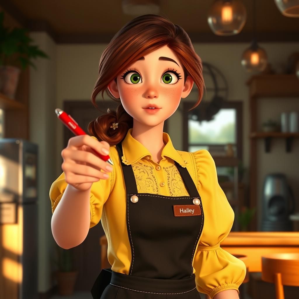 Auburn-Haired Woman in Cafe, Digital Painting Style