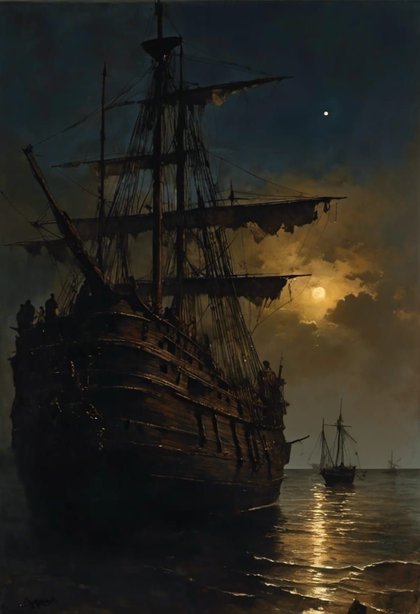 The Spanish galleon Isabella anchored by the light of the moon off Port Royal Jamaica in 1694