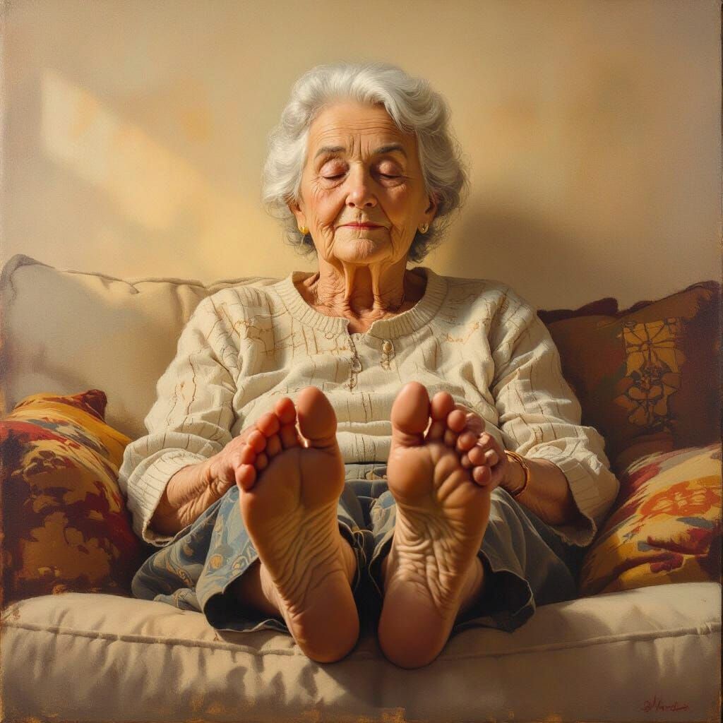 Elderly Woman's Feet in Poignant Oil Painting Style