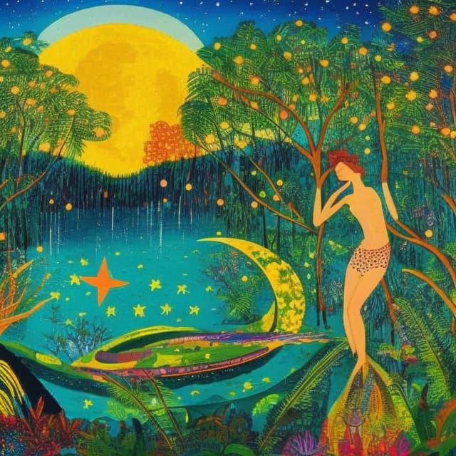Woman Bathes in Moonlit River, Art Brut Style