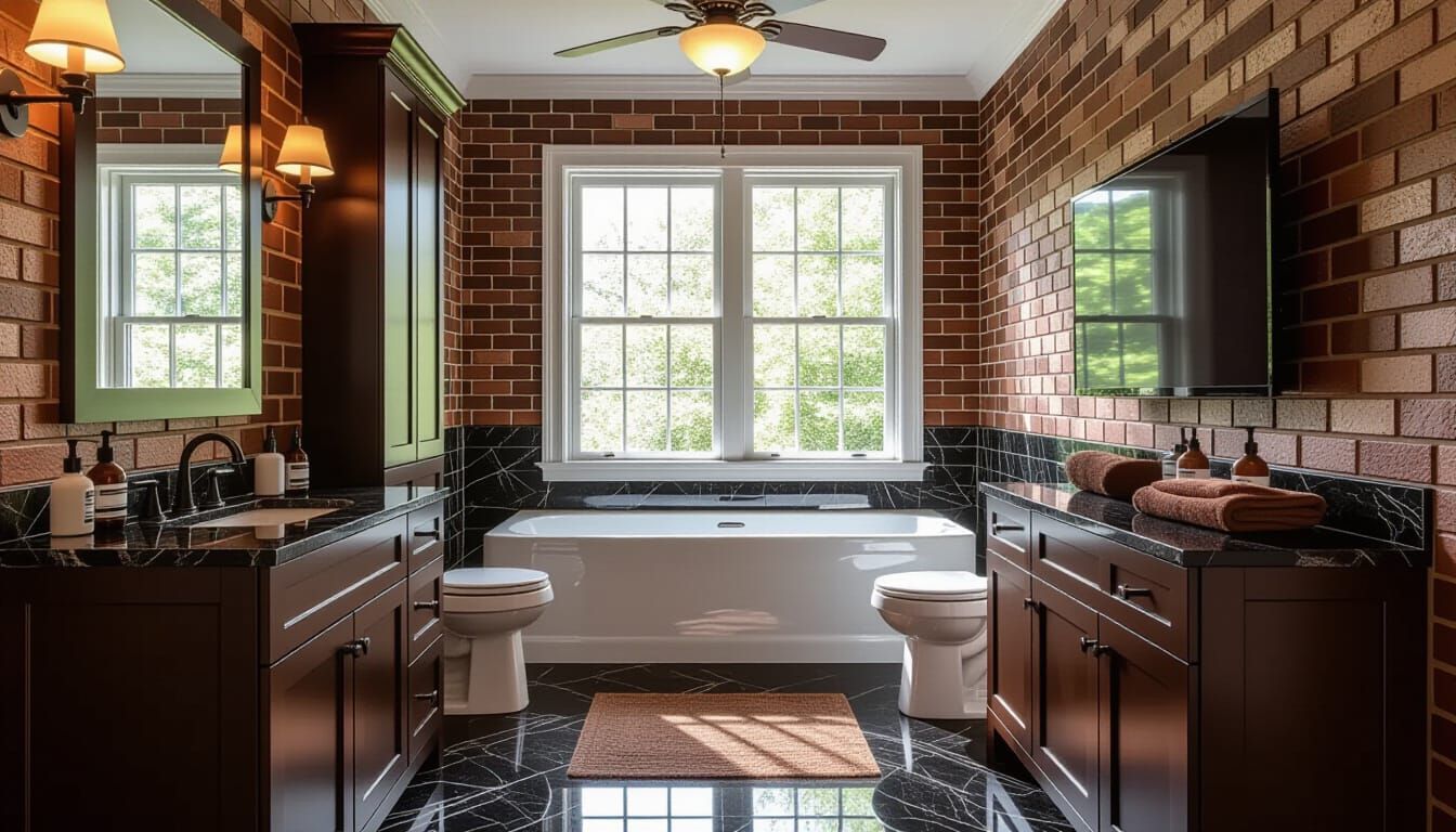 Vibrant Victorian Bathroom with Brick Wallpaper and Marble F...