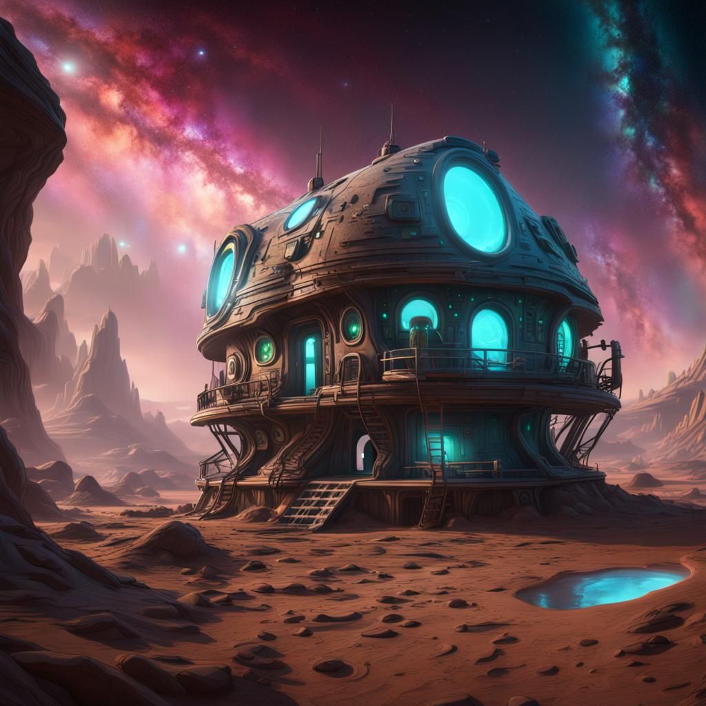 Mud House Among Galaxy on Moon with Cyan Aurora