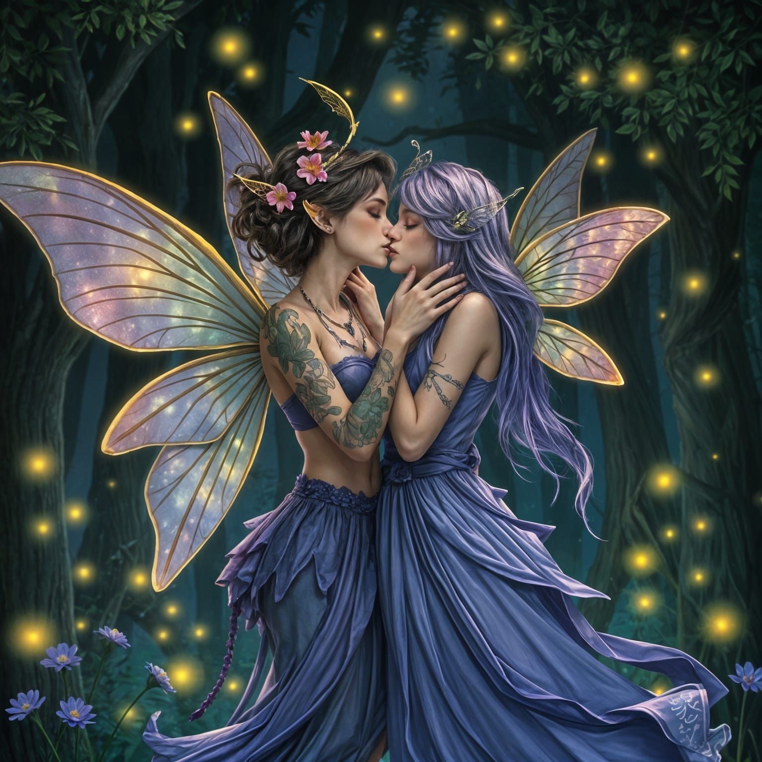 Glowing Fairies Embrace in Enchanted Forest at Night