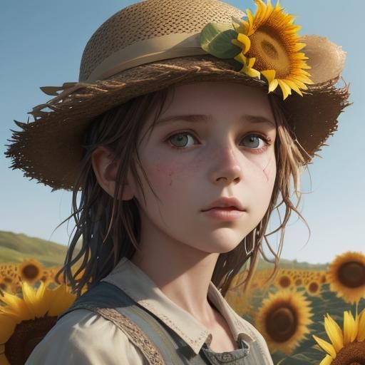 petite fille avec un chapeau dans un champ de tournesol