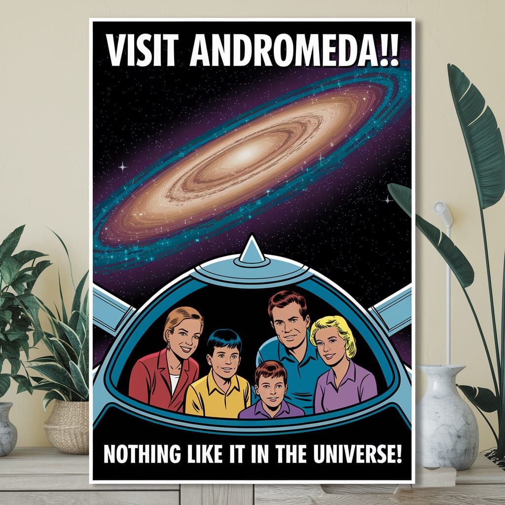 A 1950s style Travel Poster advertising a trip to the Andromeda Galaxy in your own personal spaceship.