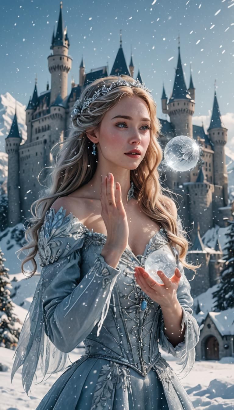 The ice princess holds her palm in front of her face and blows icy wind into the snowball on her palm. Snowflakes fly si...