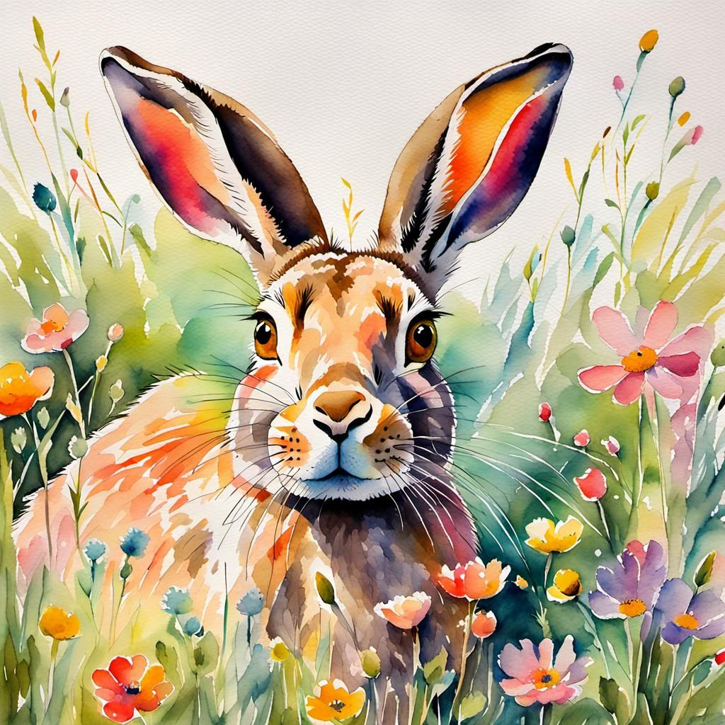 Whimsical Hare in Watercolor Garden