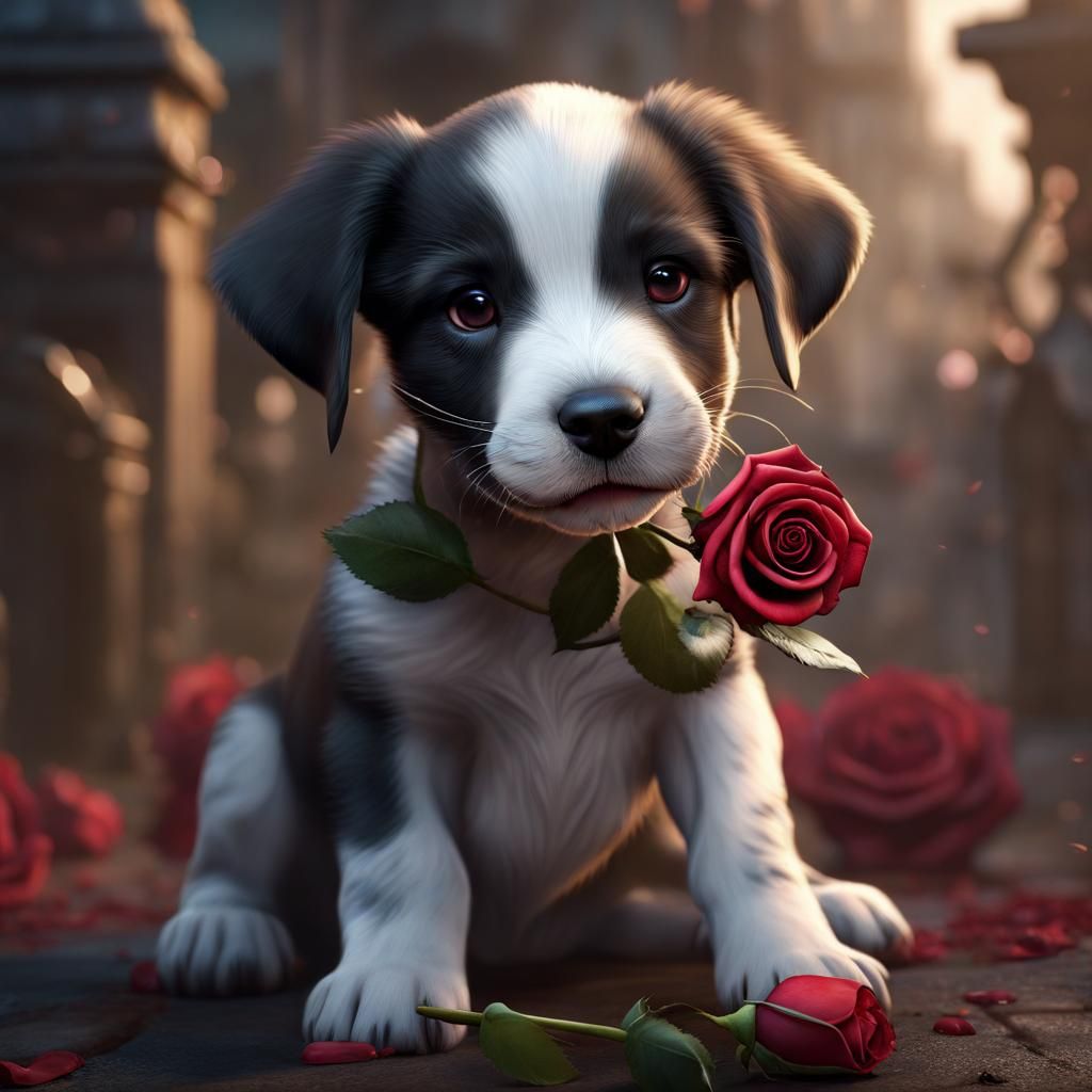 Puppy Holds Rose: Detailed Matte Painting