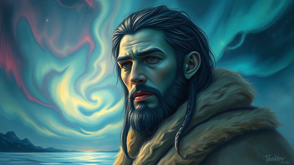 Ethereal Inuit Figure in Aurora Borealis Landscape