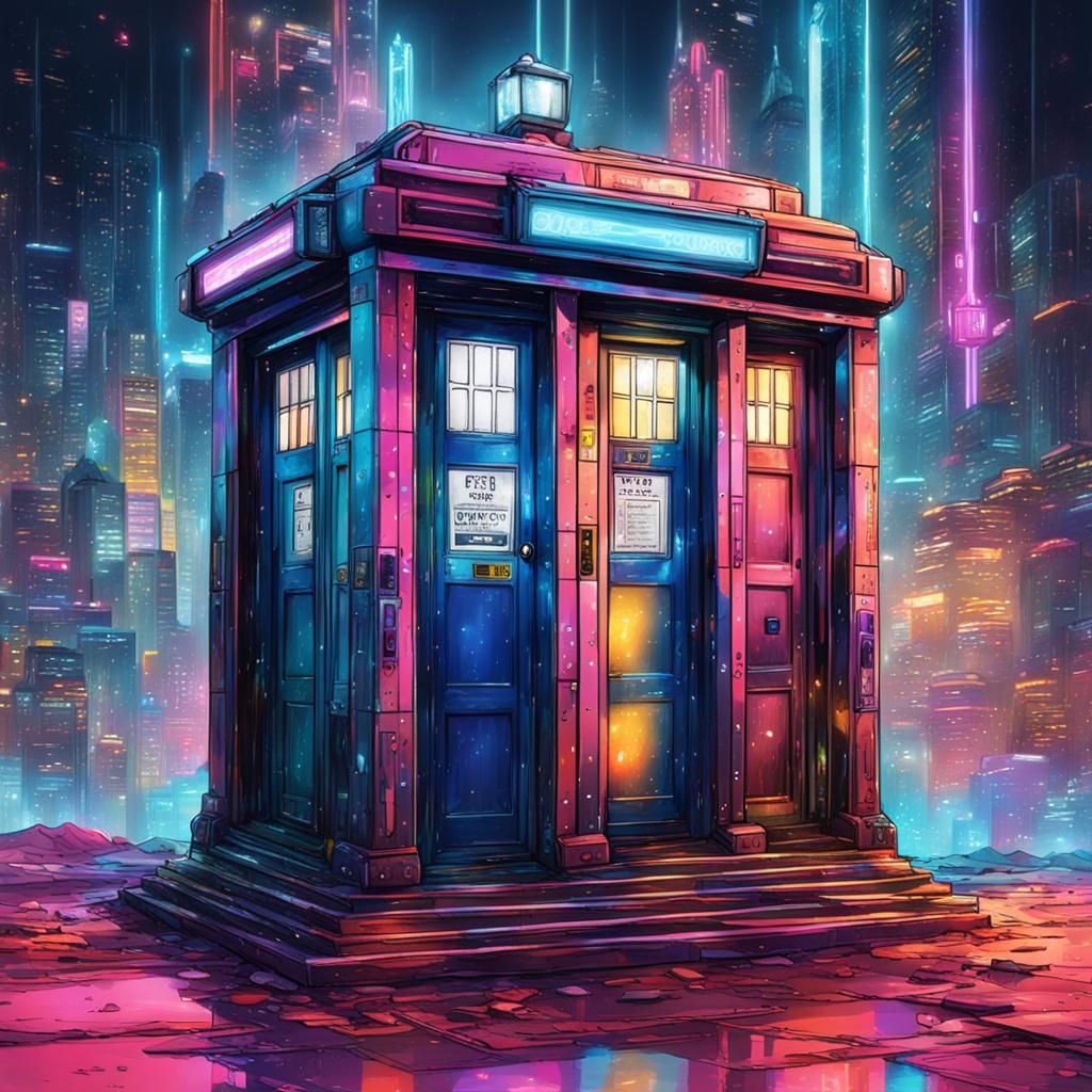 Police Box Interior: Holographic Cyberpunk Transcendence