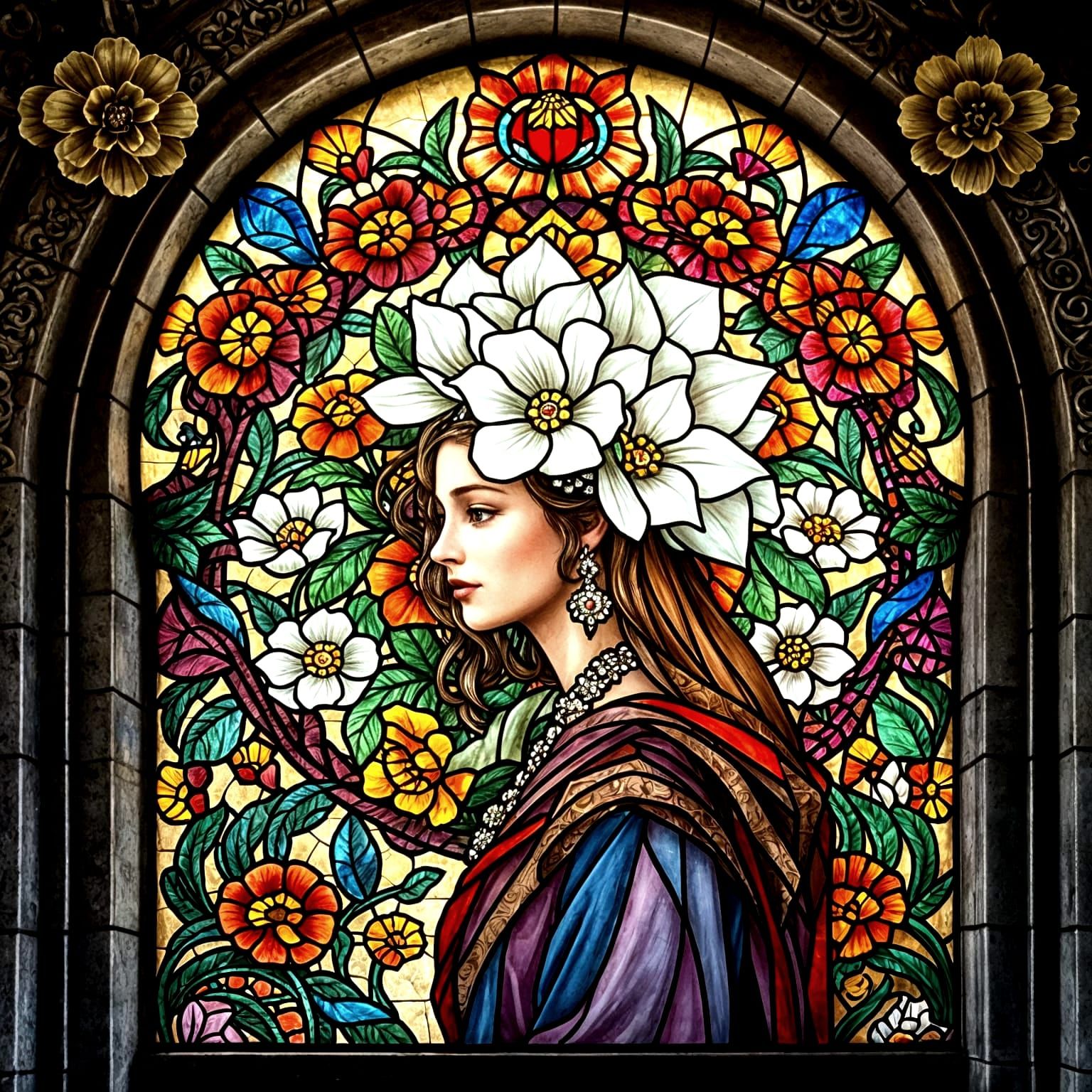 Stained Glass Woman in Whimsical Floral Wreath, Dreamlike Sc...