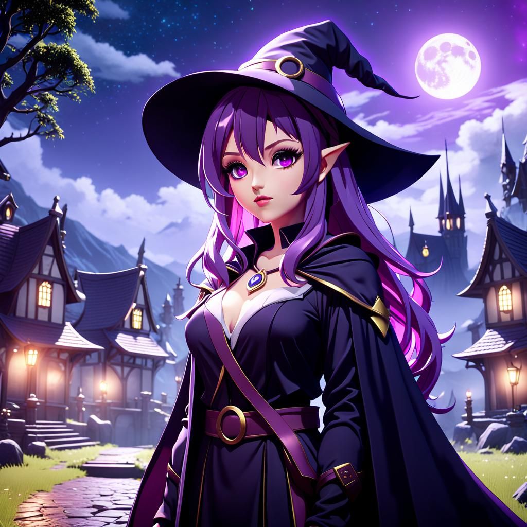 Anime Witch Under Moonlight: Fantasy Concept Art