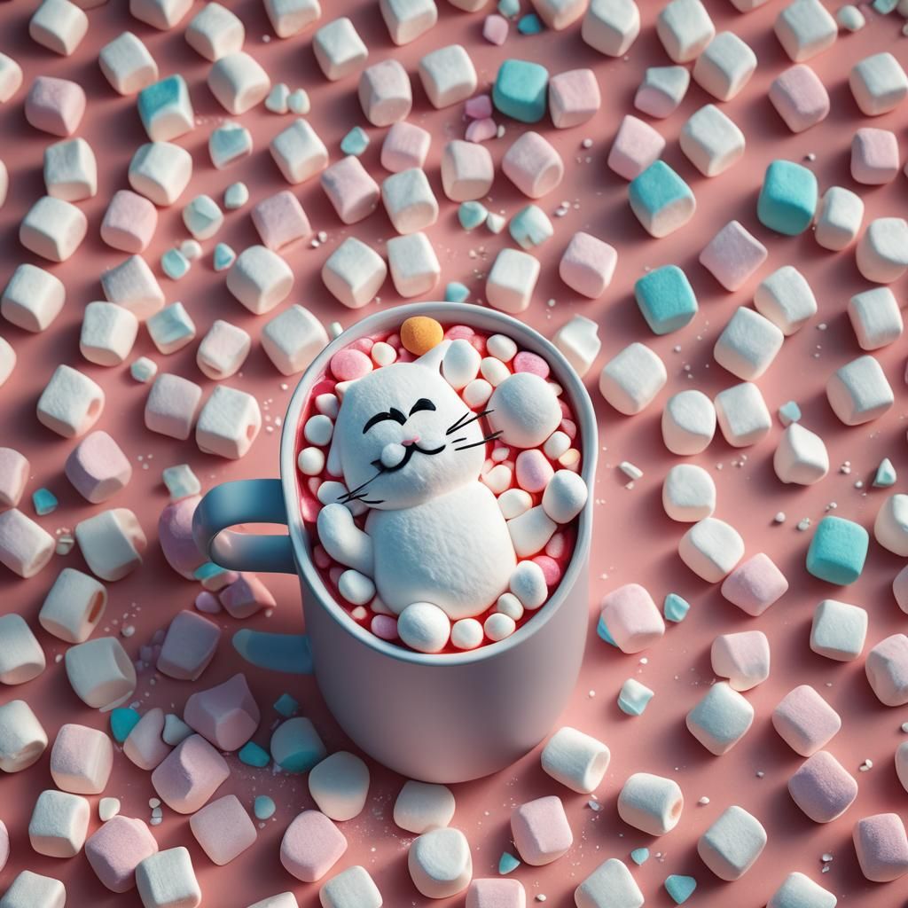 Marshmallow Cat in Hot Coco: 3D Digital Art