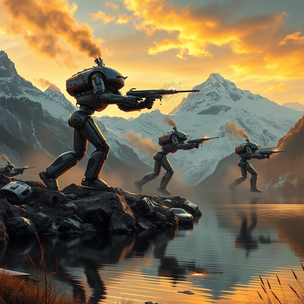 A thrilling dieselpunk battle scene unfolding amidst the picturesque Swiss mountains, with a serene lake in the foregrou...