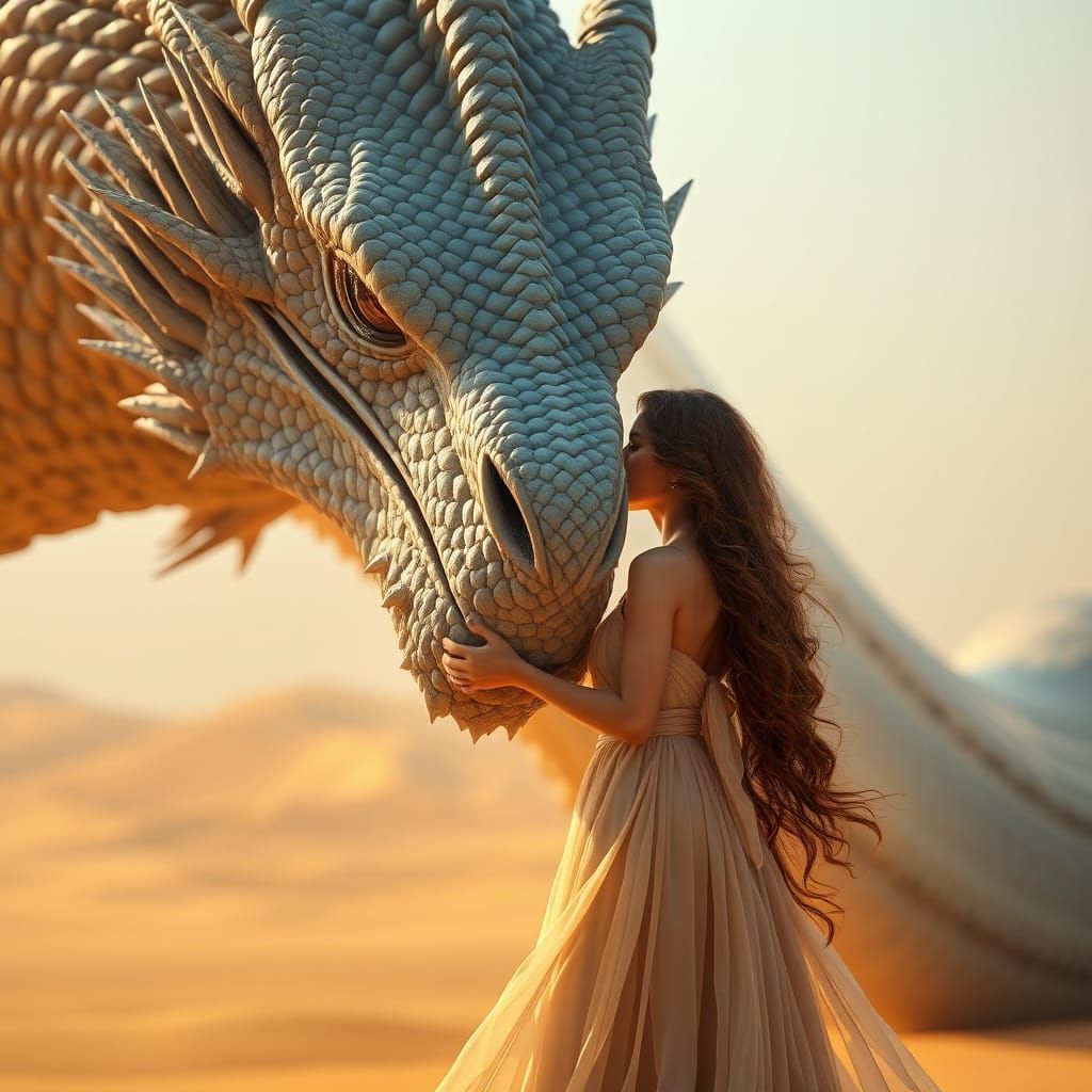 Woman and Dragon in Golden Desert Fantasy Art
