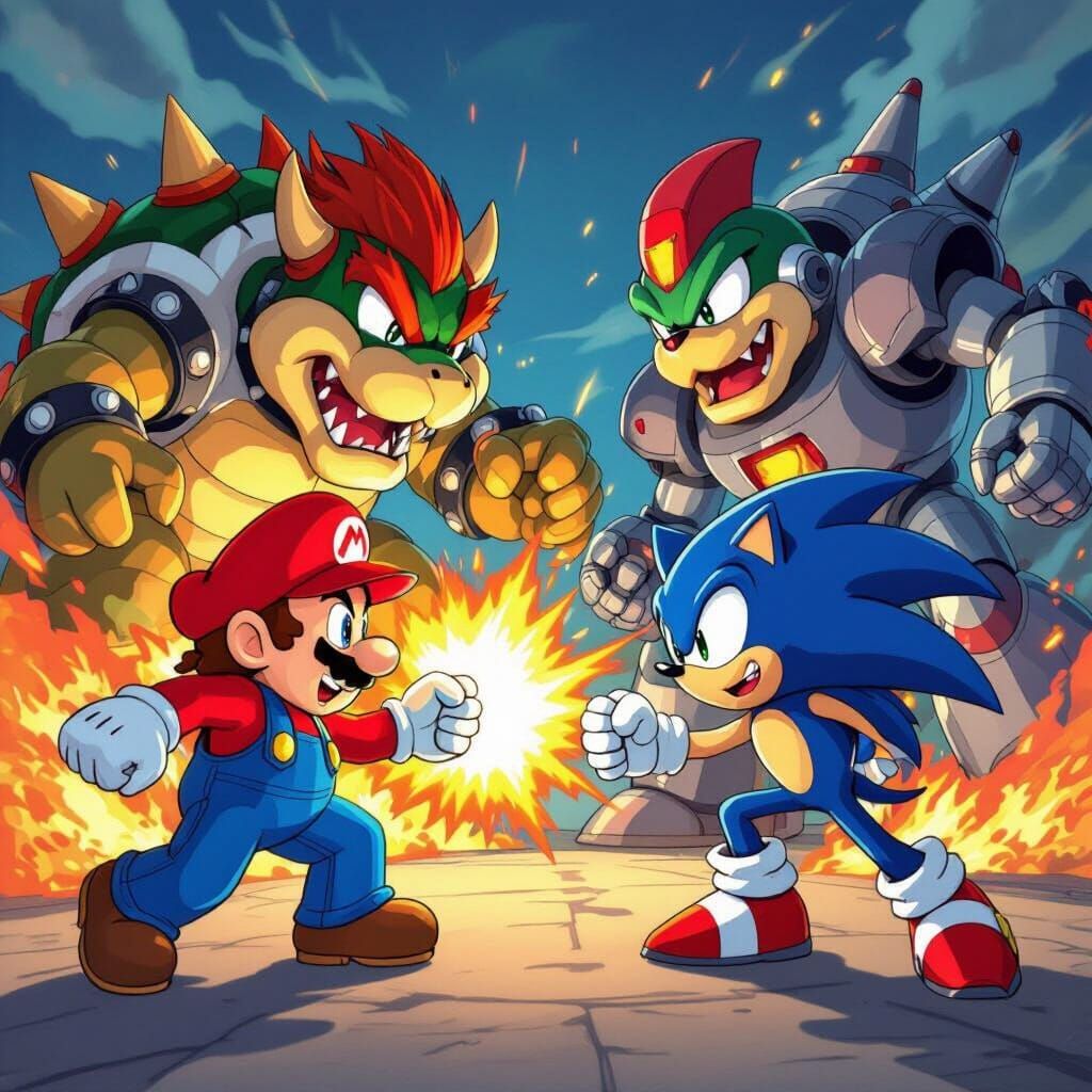 Mario and Sonic Battle Bowser and Eggman in Anime Style