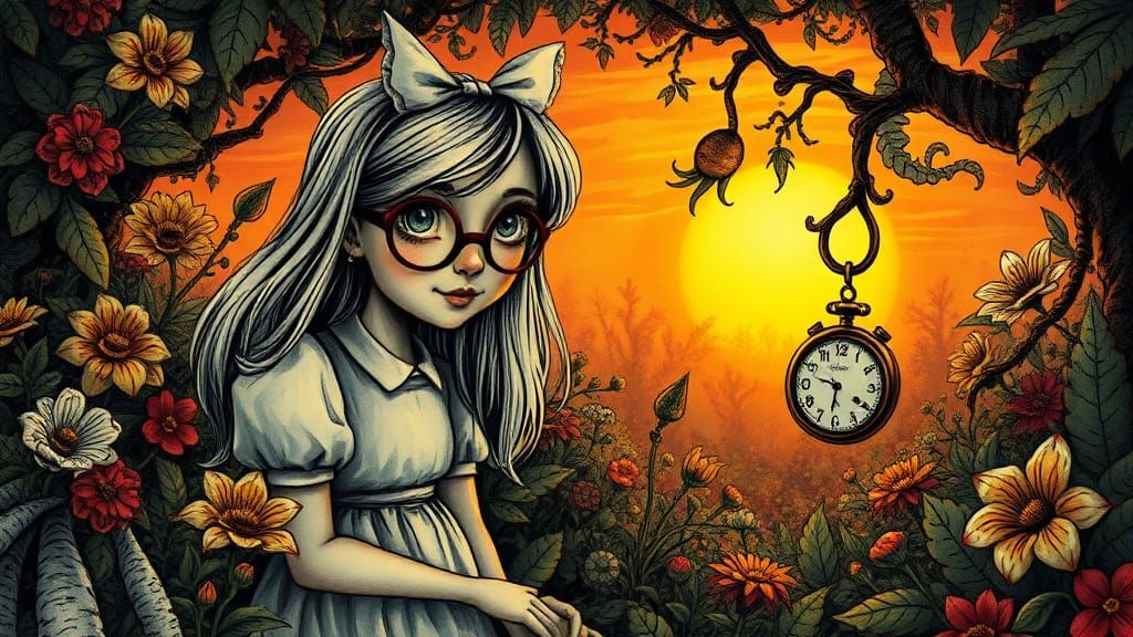 Alice in Wonderland: Dreamlike Garden at Sunset